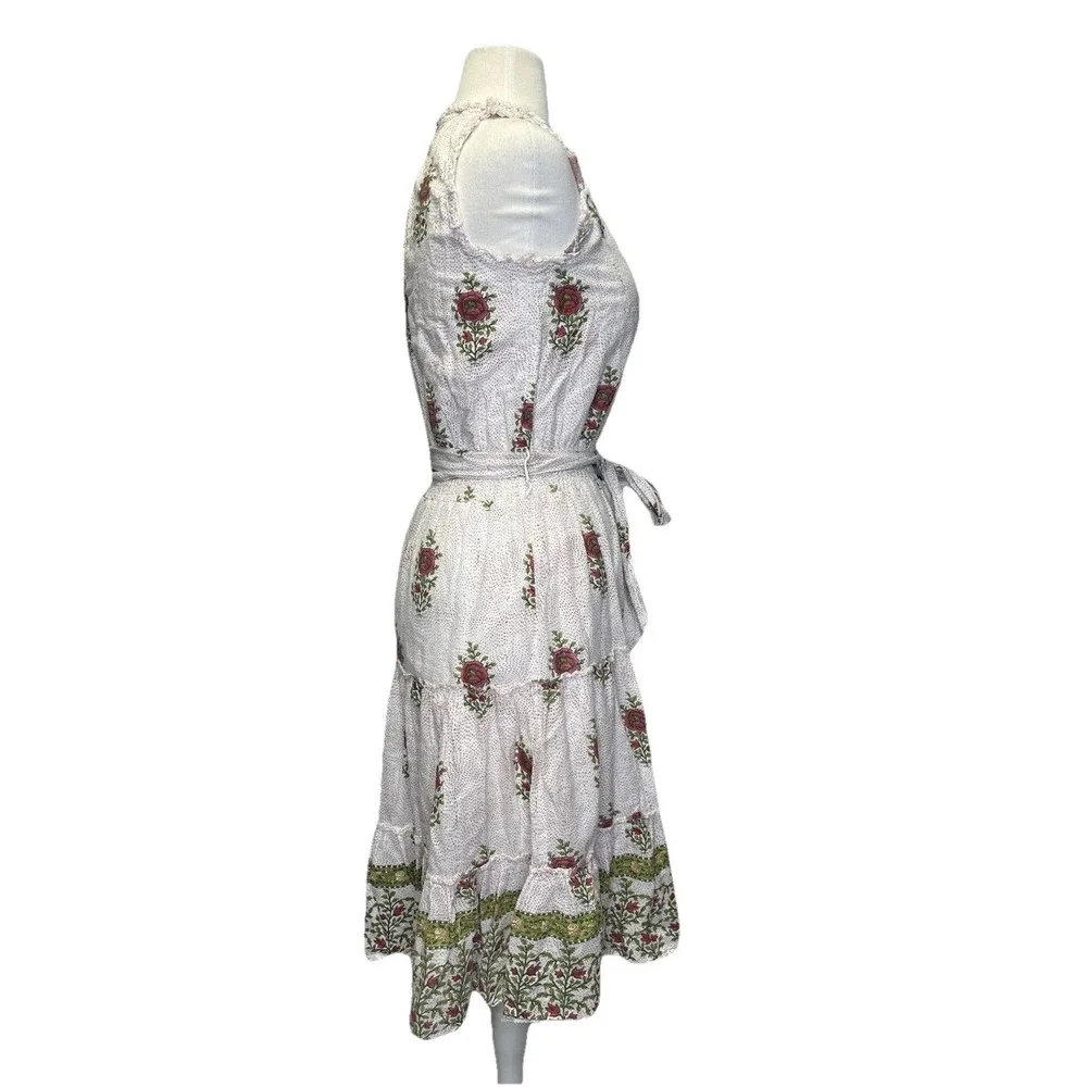 Roller Rabbit Valley Floral Naoki Dress XS Boho Cotton Ruffle Tiered Belt Ruffle